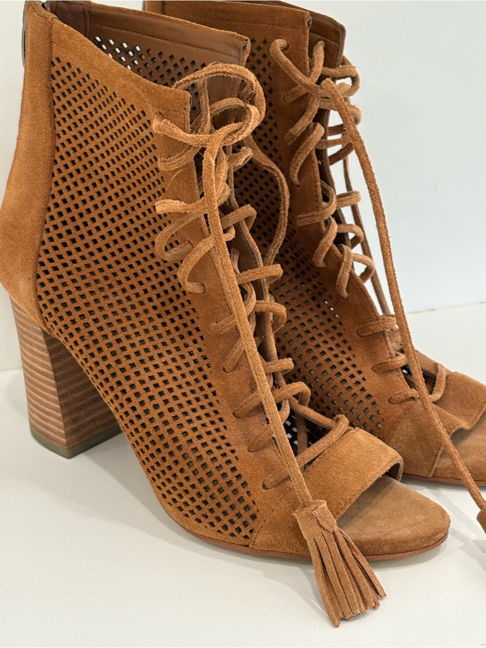 Mark Fisher Cognac Suede Laser-Cut Peep-Toe Lace-Up Heeled Booties Size 8